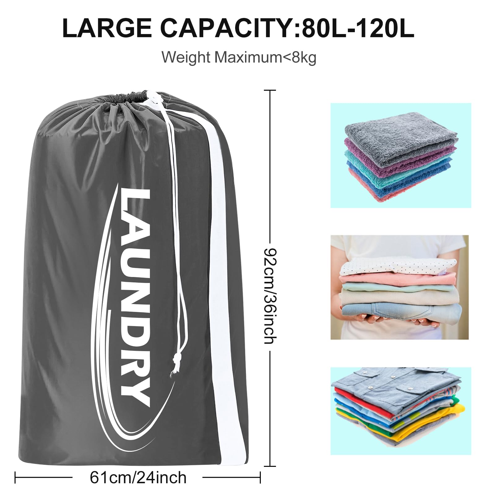 Extra Large Laundry Bag with Shoulder Strap – Heavy Duty Drawstring Clothes Storage Bag (Black & Grey)