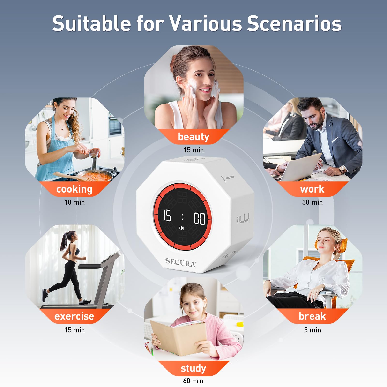 Secura Rotating Pomodoro Timer with Visual Progress Bar, Flip Countdown & Stopwatch, Rechargeable Focus Timer with Adjustable Volume for Tasks & Study – White