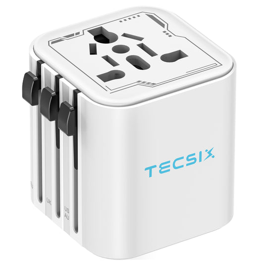 TECSIX Universal Travel Adapter – Compact 2500W Worldwide Plug Adapter for 200+ Countries (White)