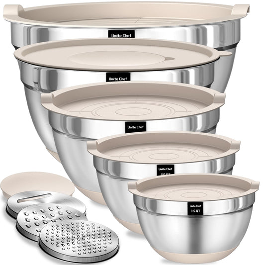 5-Piece Stainless Steel Mixing Bowl Set with Graters & Airtight Lids – Non-Slip Silicone Base