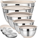 5-Piece Stainless Steel Mixing Bowl Set with Graters & Airtight Lids – Non-Slip Silicone Base