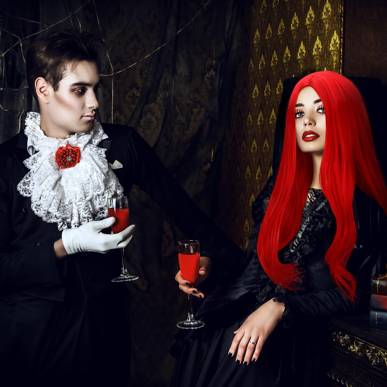 Red Long Wig & False Eyelash Set – Halloween Costume Accessories for Women 💋🎃