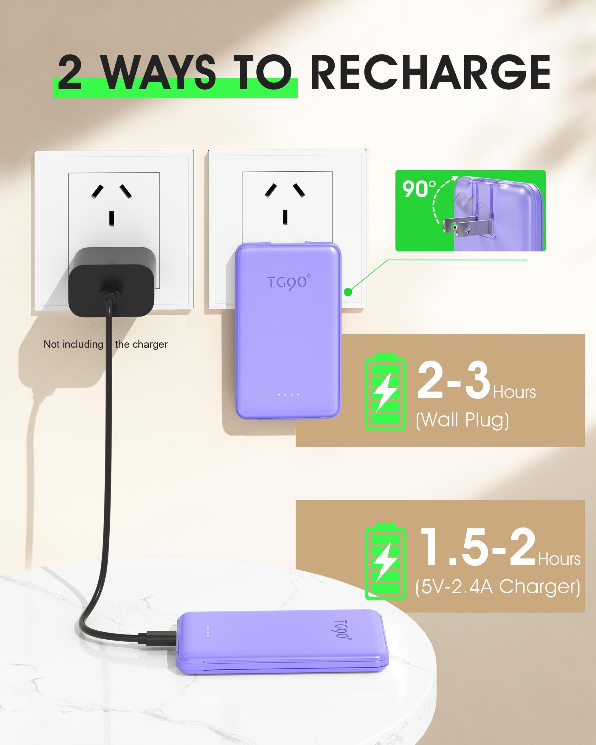 Ultra-Light Portable Power Bank with Built-In Cables & AC Wall Plug – Compact Fast Charging Battery Pack (Purple)