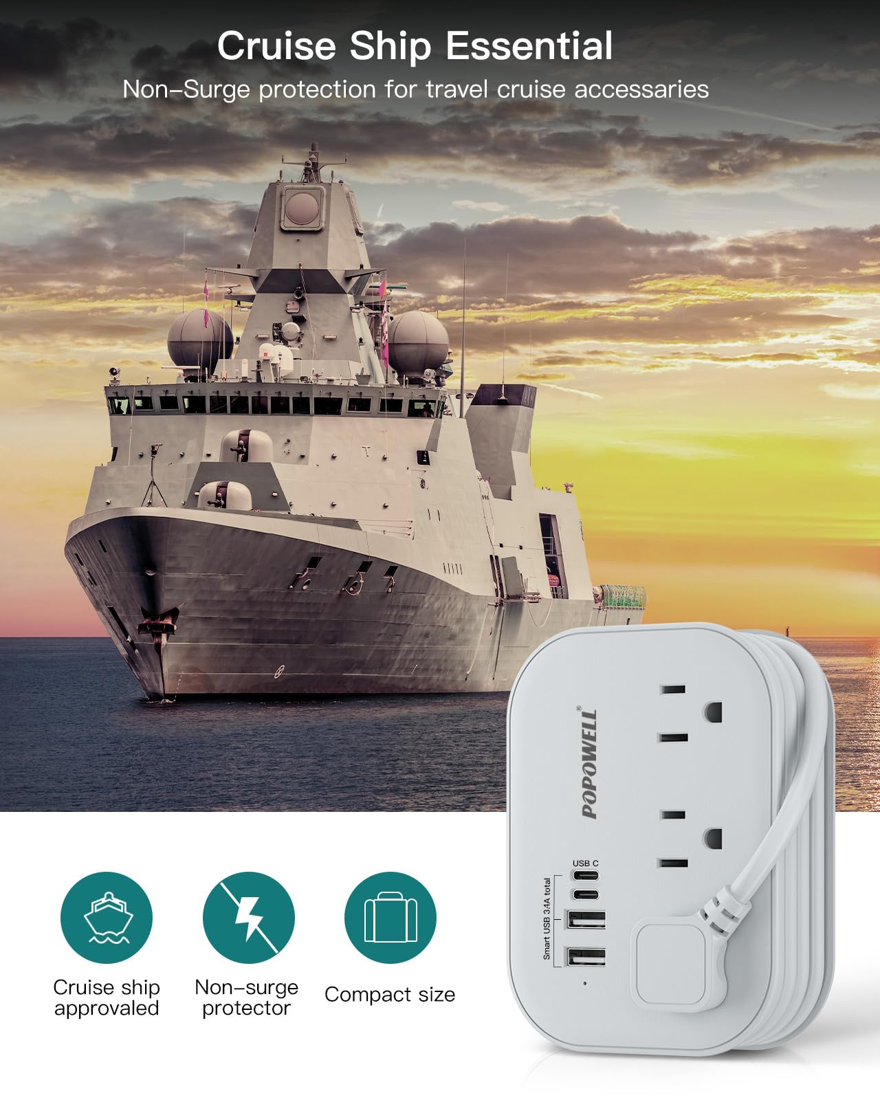 Flat Plug Travel Power Strip with USB-C – Compact 6-in-1 Desktop Charging Station (Grey)