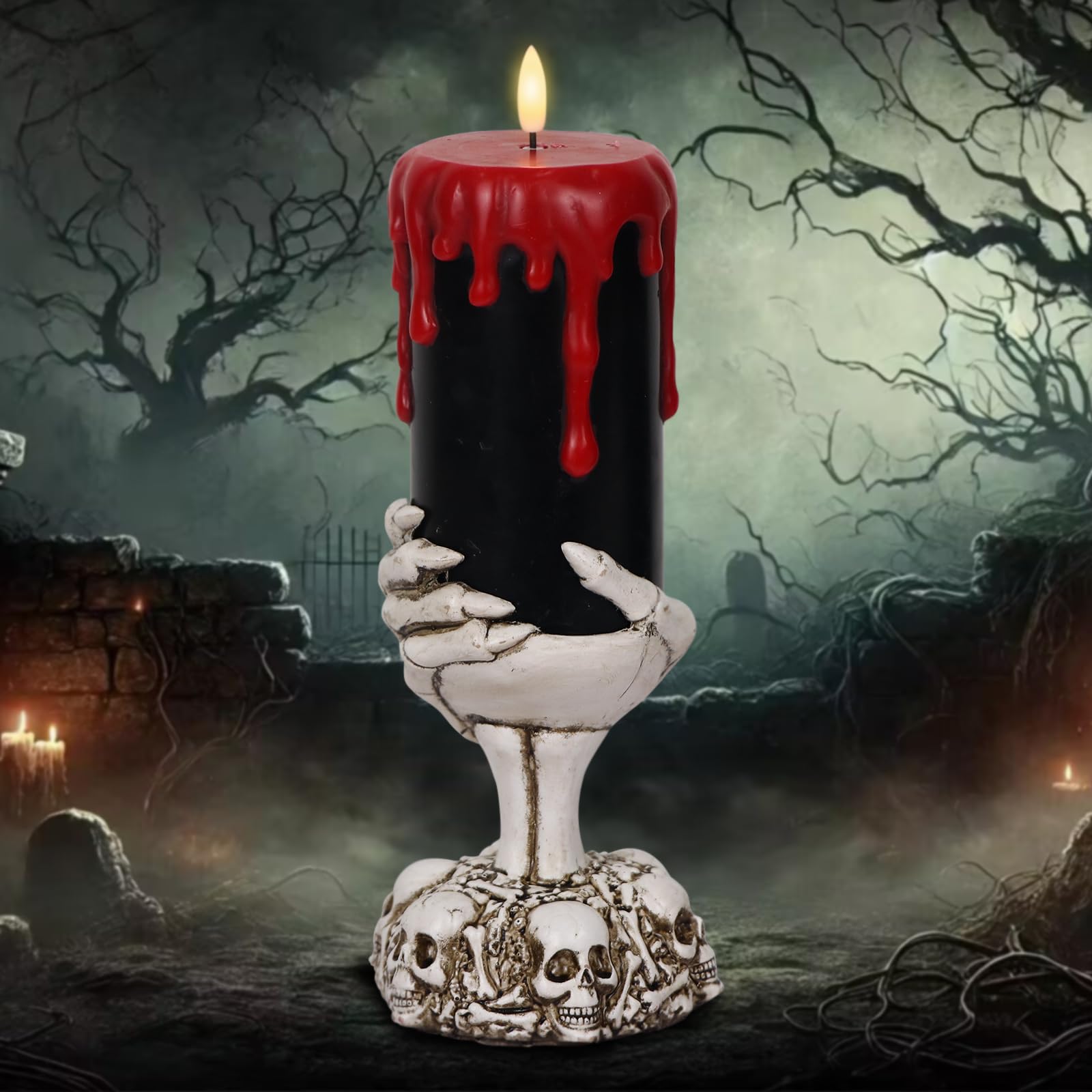 Halloween Blood Dripping Black LED Candles with Skull Hand Holder – Flameless Pillar Candles with Timer, Gothic Horror Tabletop Decoration