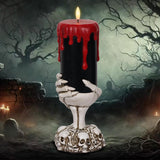 Halloween Blood Dripping Black LED Candles with Skull Hand Holder – Flameless Pillar Candles with Timer, Gothic Horror Tabletop Decoration