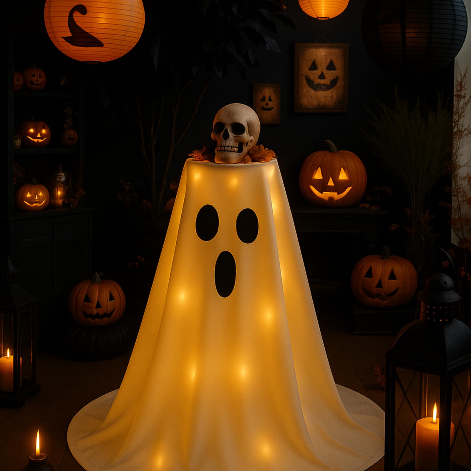 Light-Up Ghost Candy Bowl Decoration with LED String Lights – 63” Halloween Table Cover Set (White & Black)
