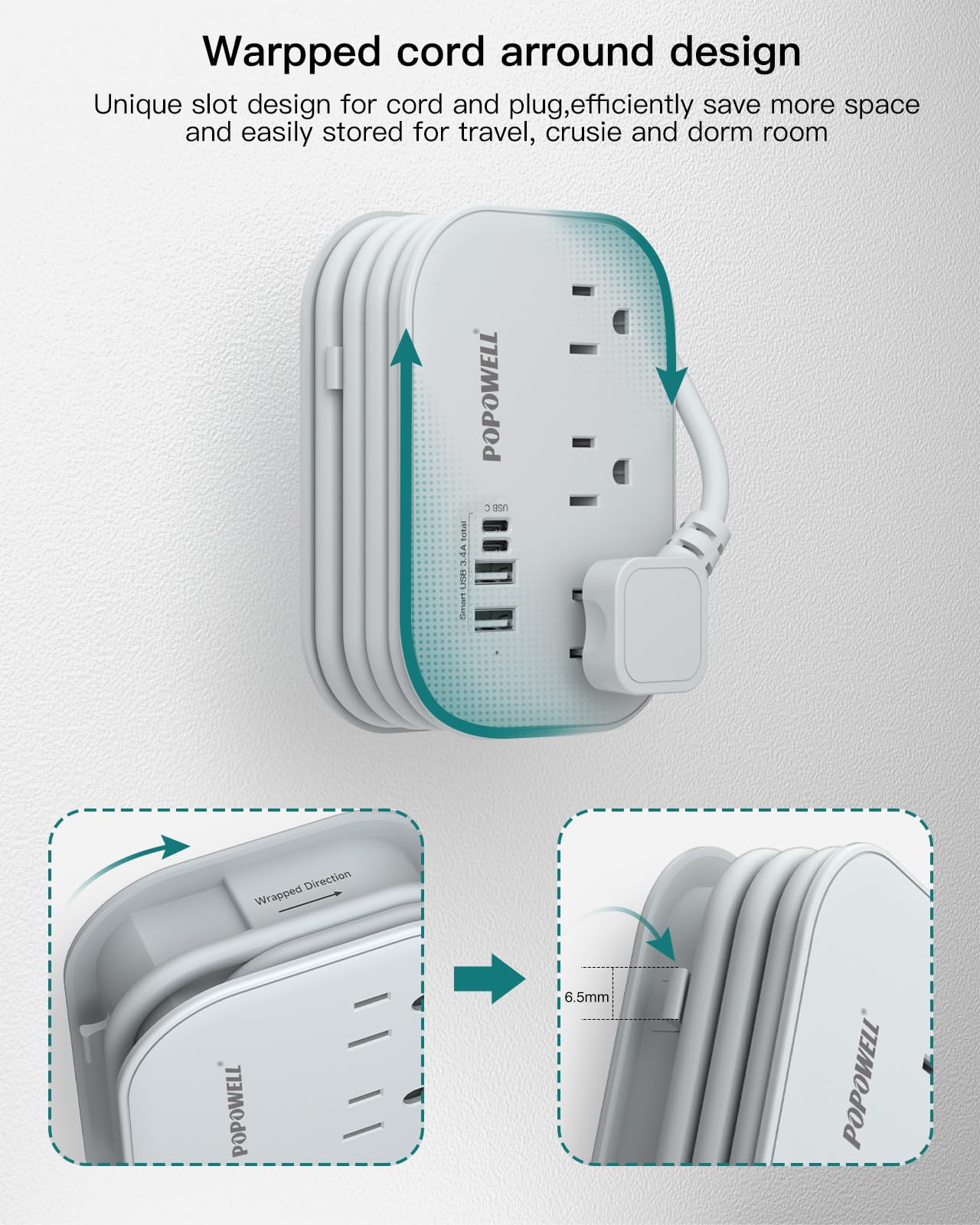 Flat Plug Travel Power Strip with USB-C – Compact 6-in-1 Desktop Charging Station (Grey)