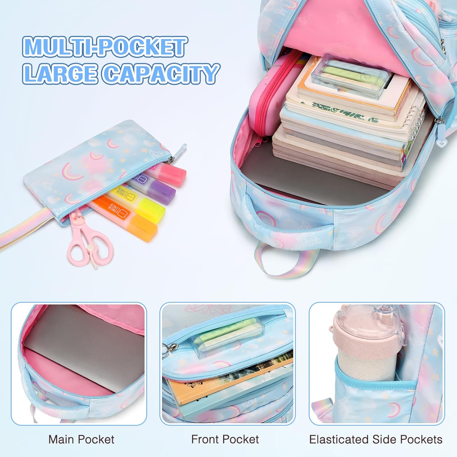 Rainbow Butterfly Backpack for Girls with Lunch Bag & Pencil Case Set, Kids School Backpack for Kindergarten, Elementary & Middle School Students