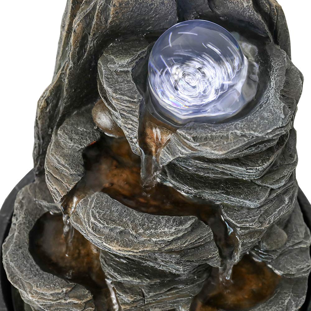 LED Rock Waterfall Table Fountain with Crystal Orb, 4-Tier Indoor Zen Water Feature & Ultra Quiet Pump – 9.8" Decorative Desktop Fountain