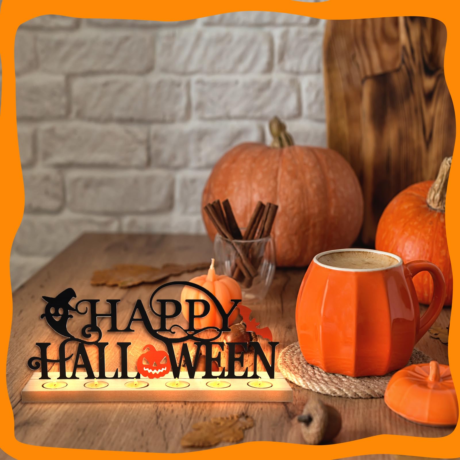 Happy Halloween Tabletop Sign with Wooden Base & 18 Tealights – Metal Pumpkin, Bat & Ghost Table Decor (Halloween Edition)