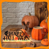 Happy Halloween Tabletop Sign with Wooden Base & 18 Tealights – Metal Pumpkin, Bat & Ghost Table Decor (Halloween Edition)