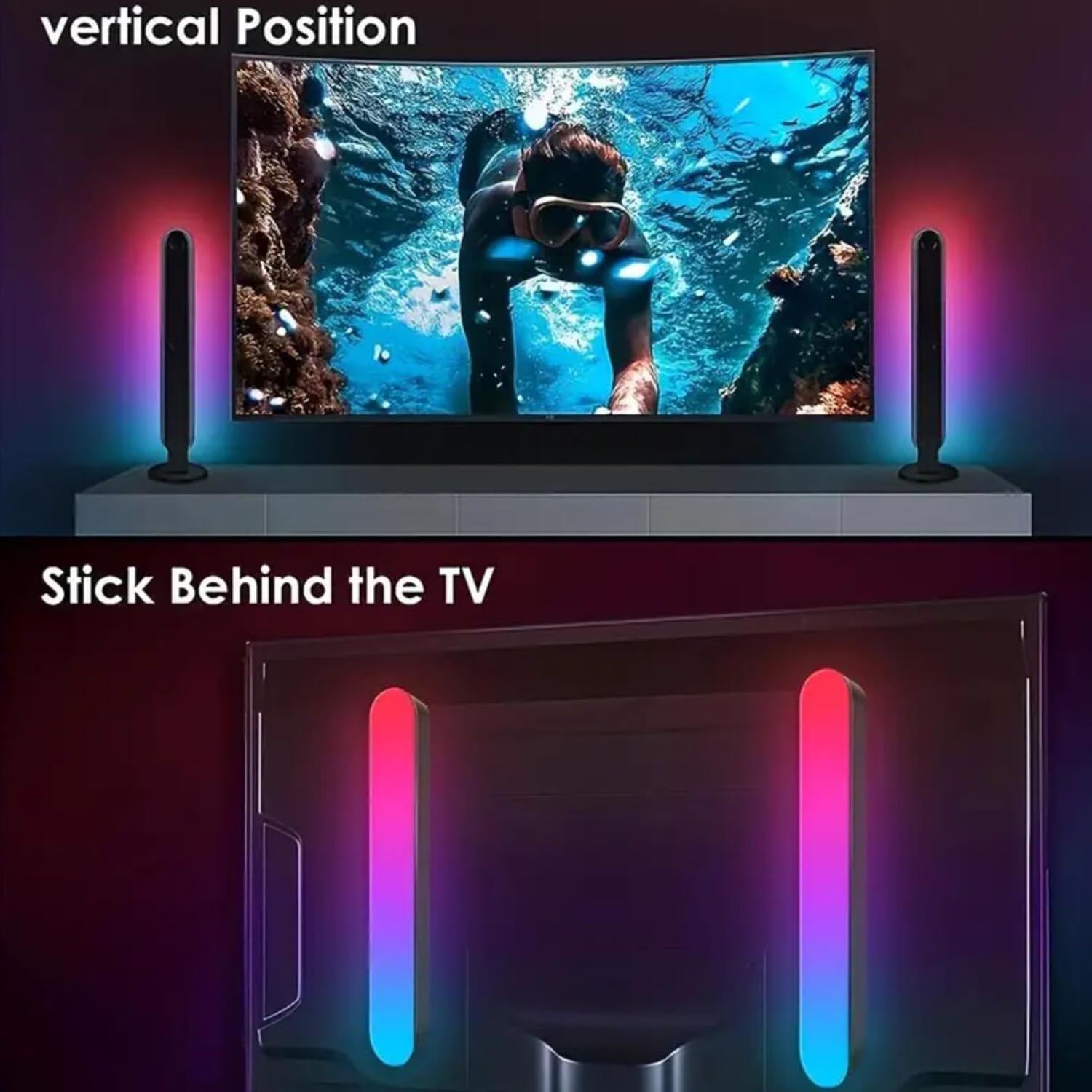 RGB IC Music Sync Light Bars (2-Pack) – USB Powered Ambient Desk & TV Lighting with App & Remote Control – Black
