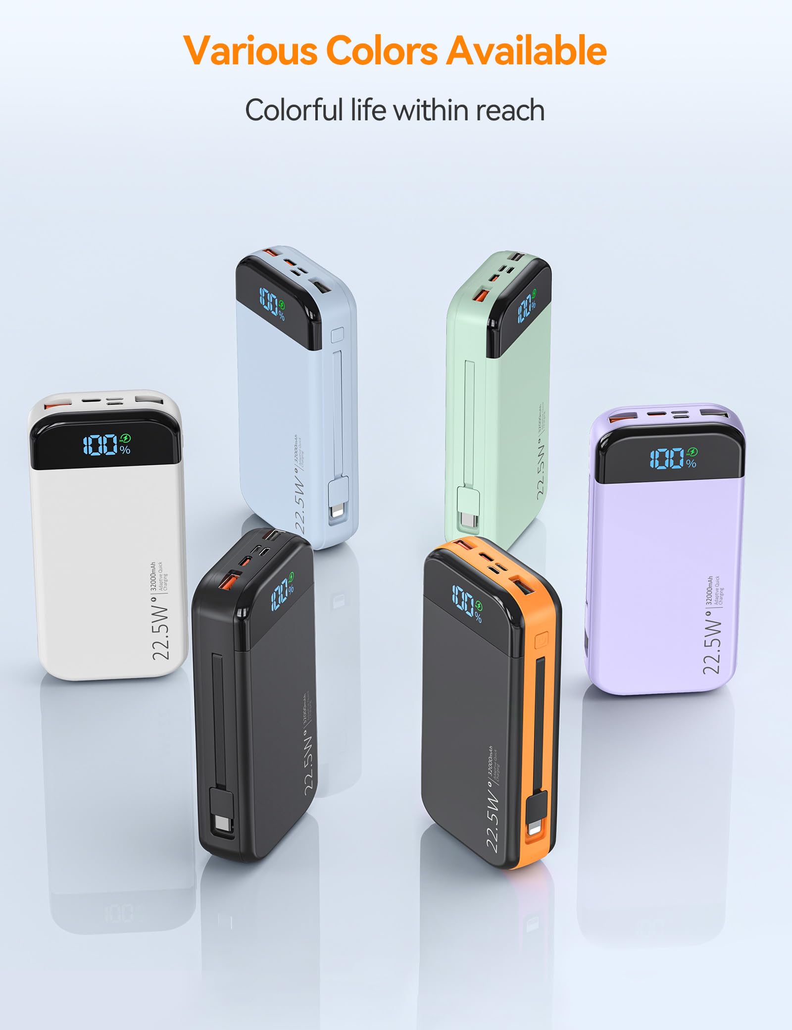 32000mAh Portable Power Bank with Built-in Cables – 22.5W Fast Charging Battery Pack with LED Display for iPhone, Samsung & USB Devices (Orange)