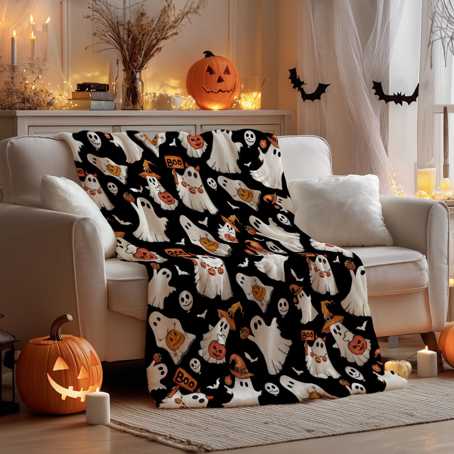 Halloween Flannel Blanket Orange & Black – Soft Warm Cozy Fleece Throw for Couch, Bed & Travel
