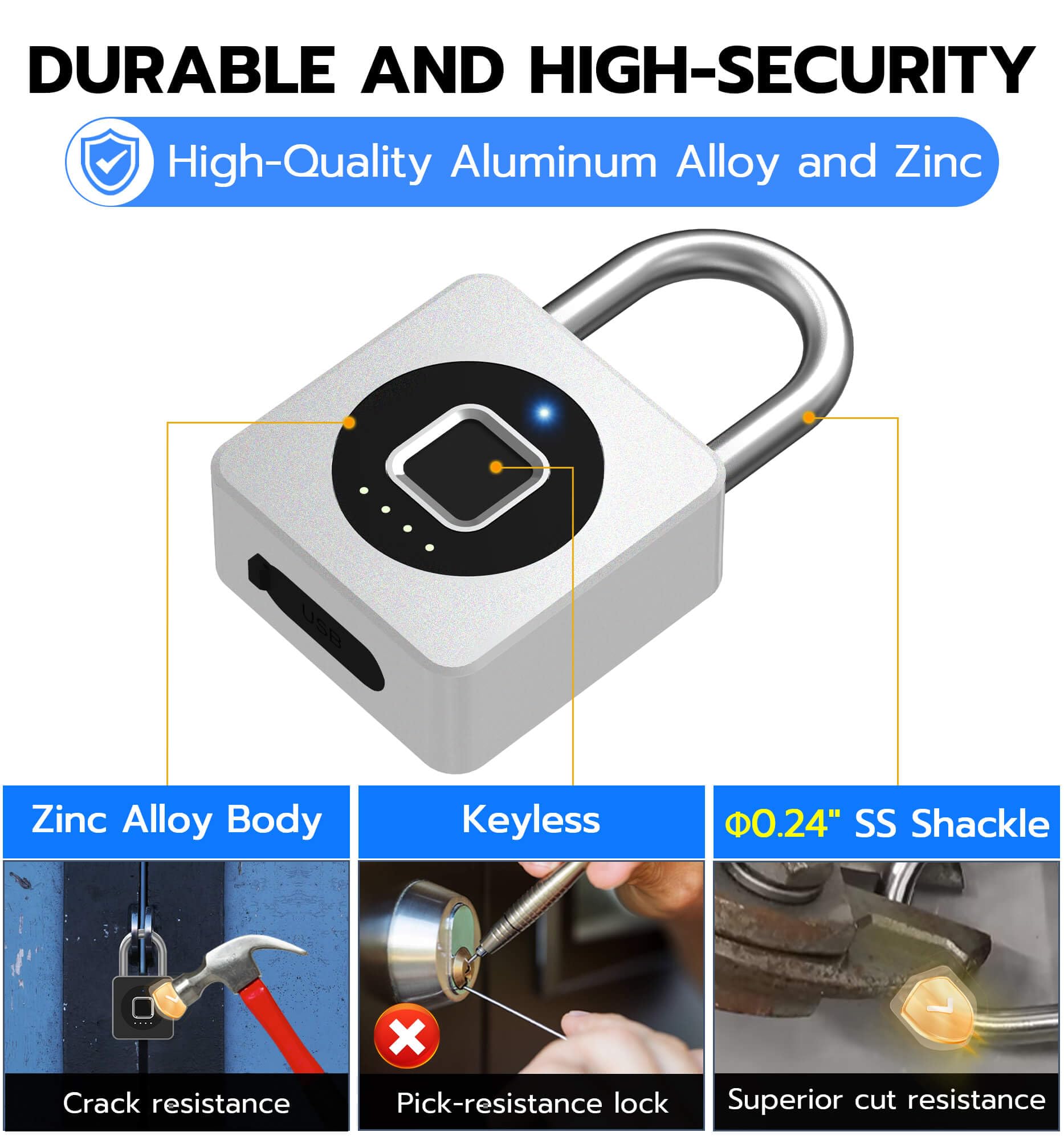 Compact Fingerprint Smart Padlock with USB Rechargeable Battery, Portable Biometric Security Lock for Gym, Travel & Personal Storage