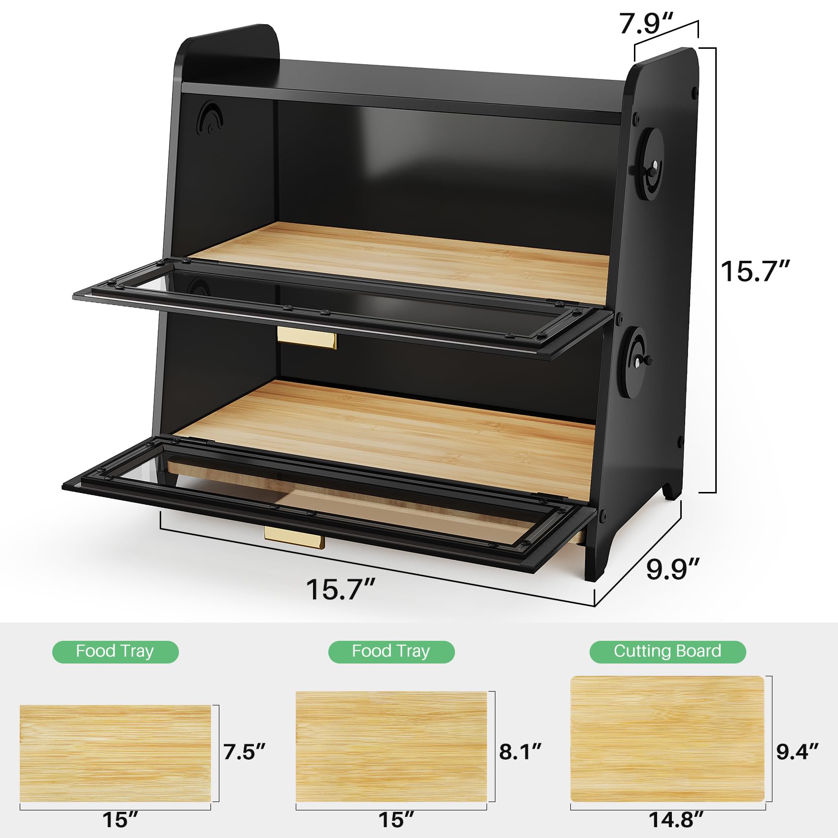 Large 2-Tier Bread Box with Adjustable Ventilation – Magnetic Door Bamboo Tray Bread Storage (Black)