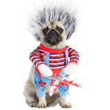 Funny Killer Dog Halloween Costume – Blue Scary Doll Outfit with Bloody Scissors & Wig