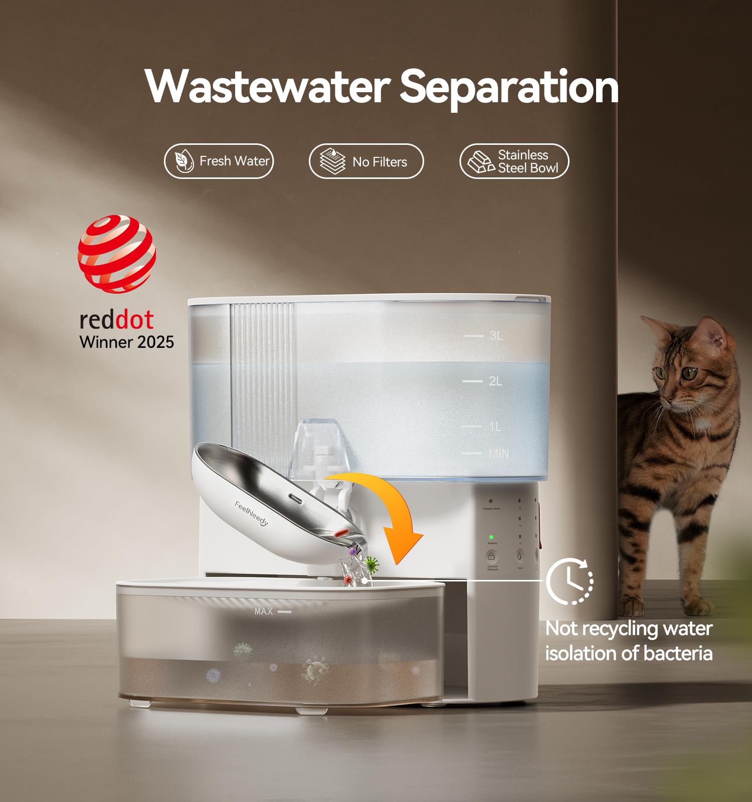 Cordless 3.5L Self-Cleaning Pet Water Fountain with Wastewater Separation & Stainless Steel Bowl