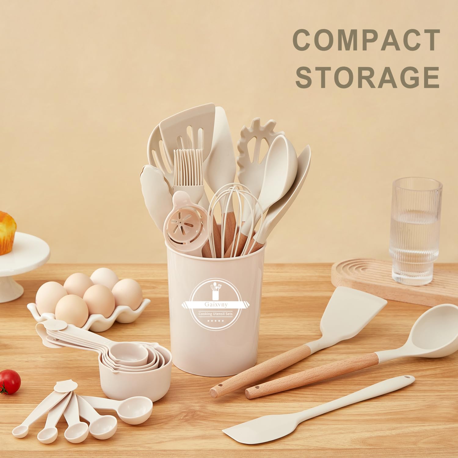 34-Piece Silicone Kitchen Utensil Set with Wooden Handles – Heat Resistant, Non-Stick Safe (Cream White)