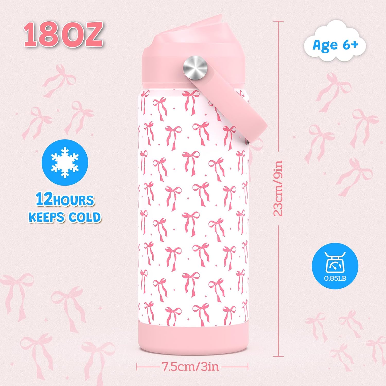 Girls Bow Water Bottle for School，Kids 18 oz Insulated Stainless Steel Cup with Straw, Double-Wall Vacuum Leakproof