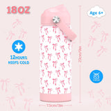 Girls Bow Water Bottle for School，Kids 18 oz Insulated Stainless Steel Cup with Straw, Double-Wall Vacuum Leakproof