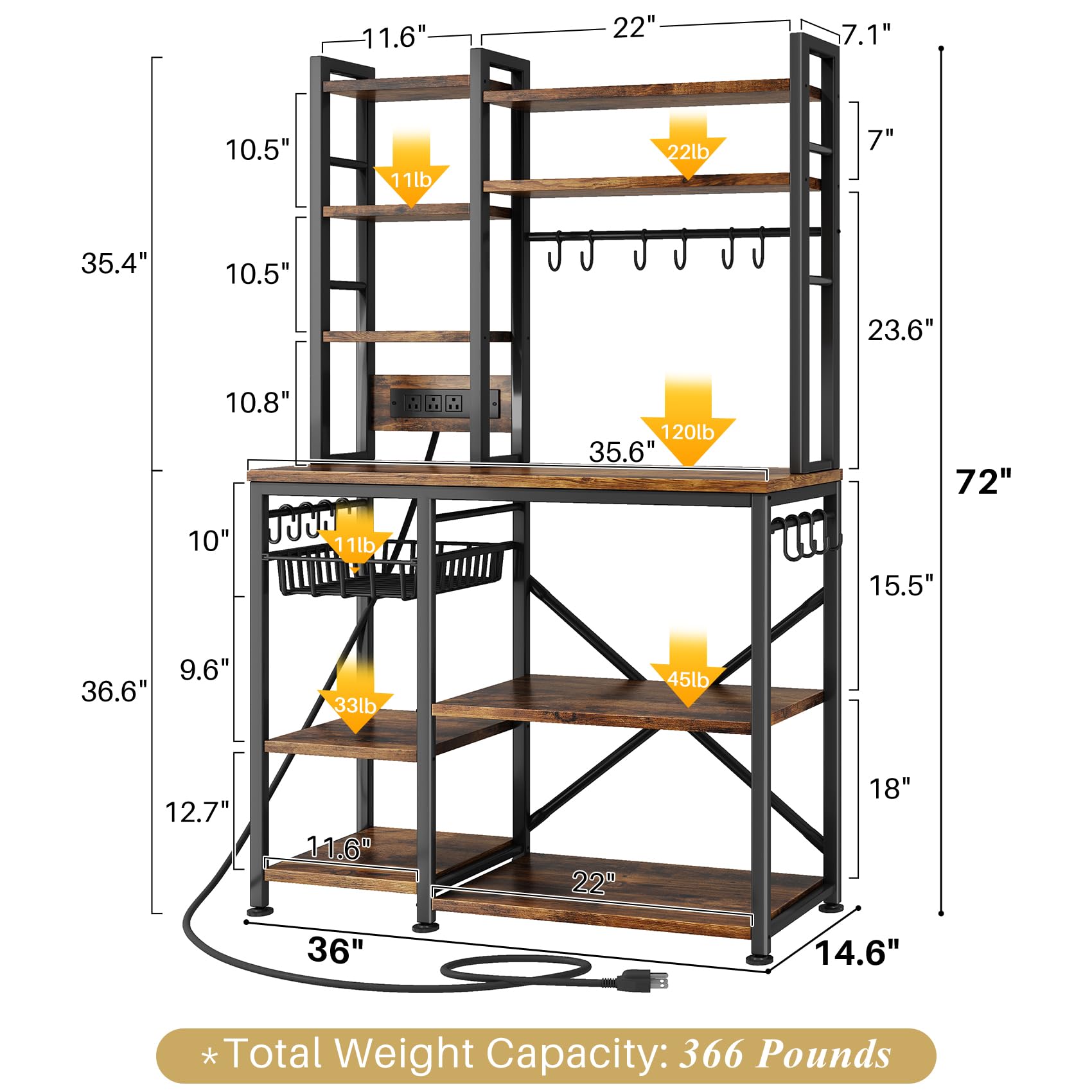 Kitchen Baker’s Rack with Power Outlets – Rustic Brown Microwave Stand, Coffee Bar Station with Shelves, Hooks & Basket