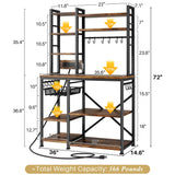 Kitchen Baker’s Rack with Power Outlets – Rustic Brown Microwave Stand, Coffee Bar Station with Shelves, Hooks & Basket
