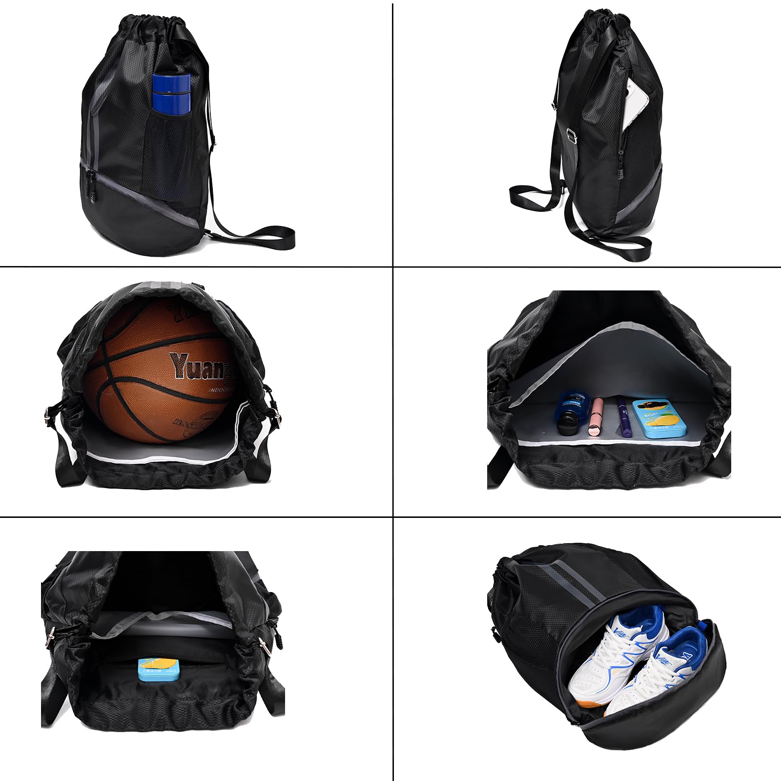 LOKAPEGY Waterproof Drawstring Gym Backpack – Lightweight Sports Cinch Bag with Shoe Compartment (Black)