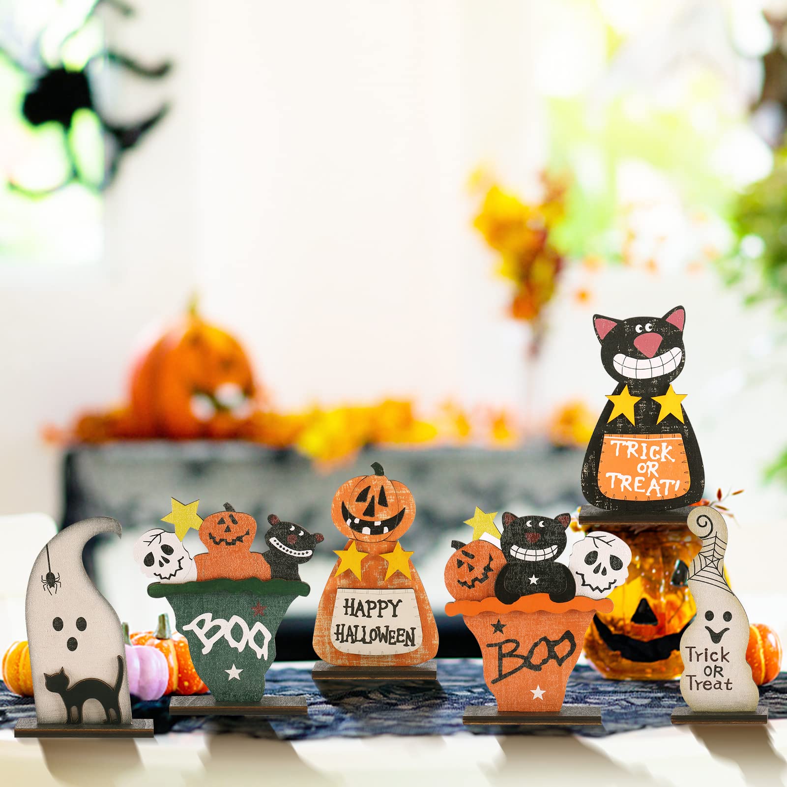 Wooden Halloween Table Decorations Set – Ghost, Black Cat, Pumpkin Monster & Skull Figurines (Multicolor, 4-Piece Set)