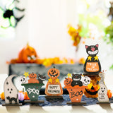 Wooden Halloween Table Decorations Set – Ghost, Black Cat, Pumpkin Monster & Skull Figurines (Multicolor, 4-Piece Set)