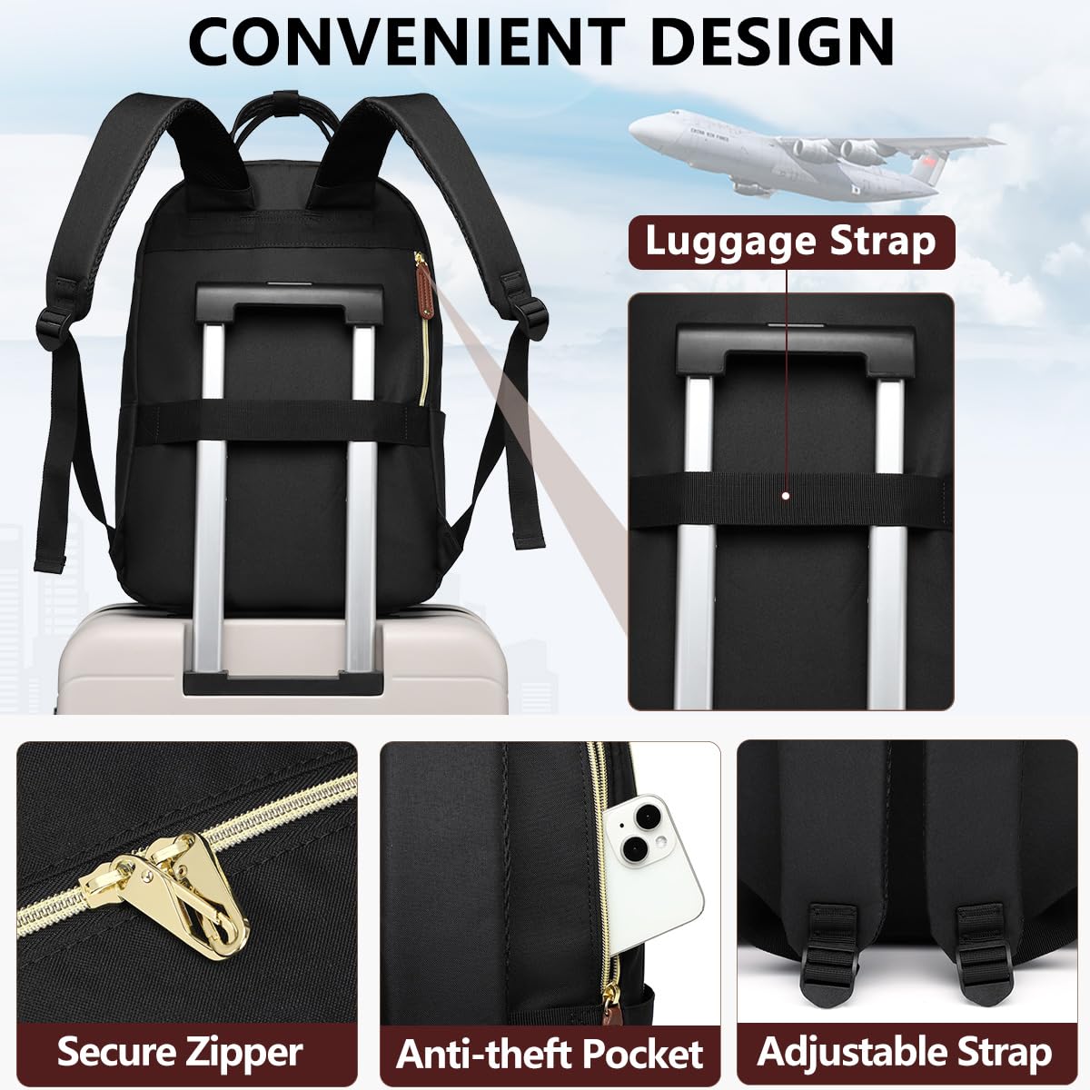 Women’s Laptop Backpack with USB Charging Port – Stylish Business & Travel Backpack for 15.6″ Laptops (Black Beige)