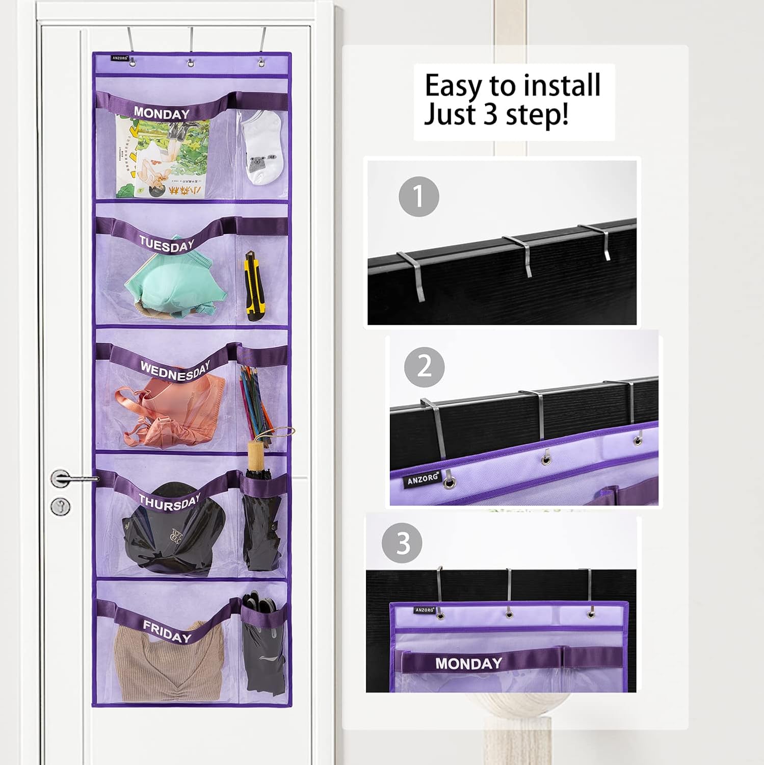Purple Monday-Friday Kids Hanging Clothes Organizer