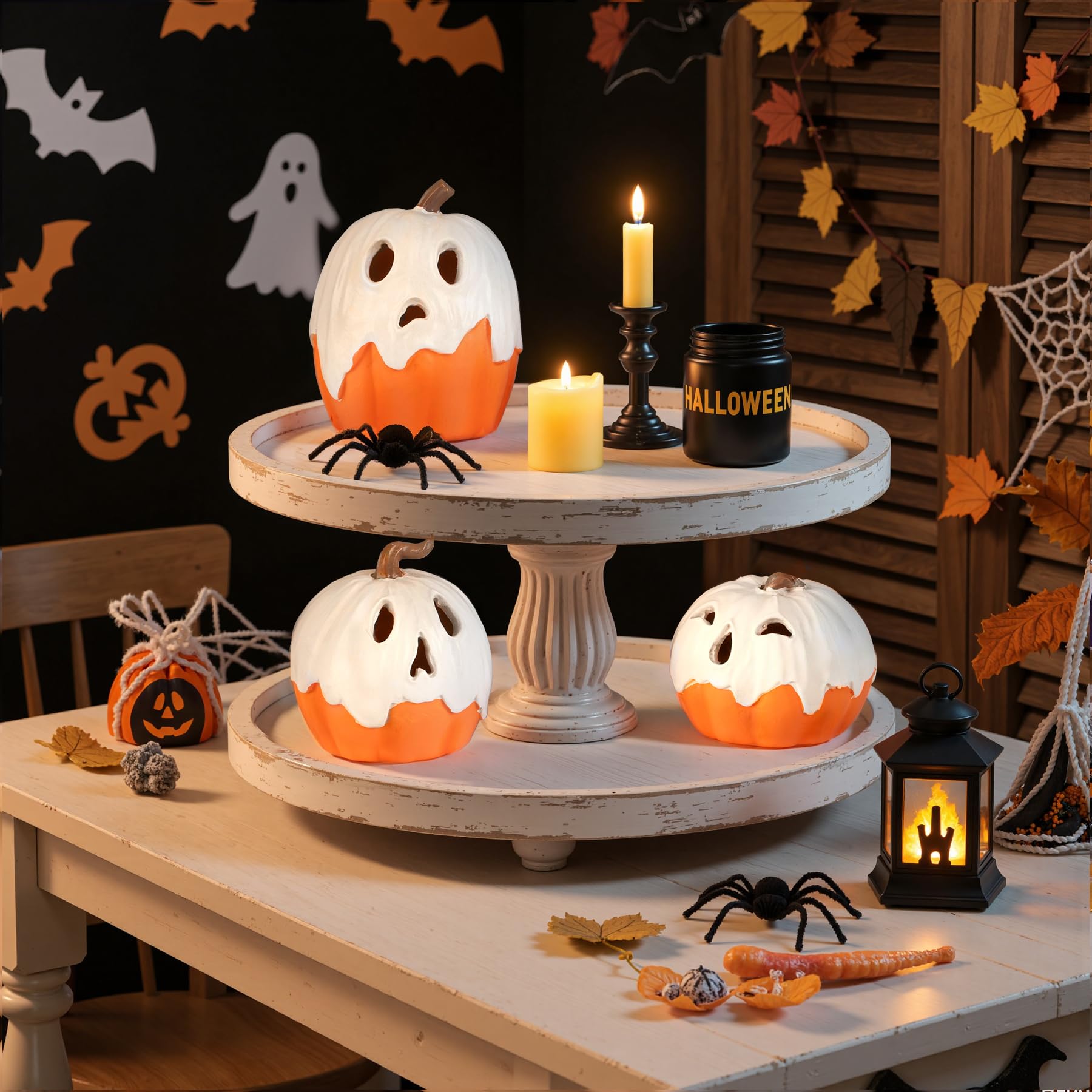 Light-Up Ghost Pumpkin Decorations – Handmade LED Halloween Table Ornaments (Set of 3) 🎃👻