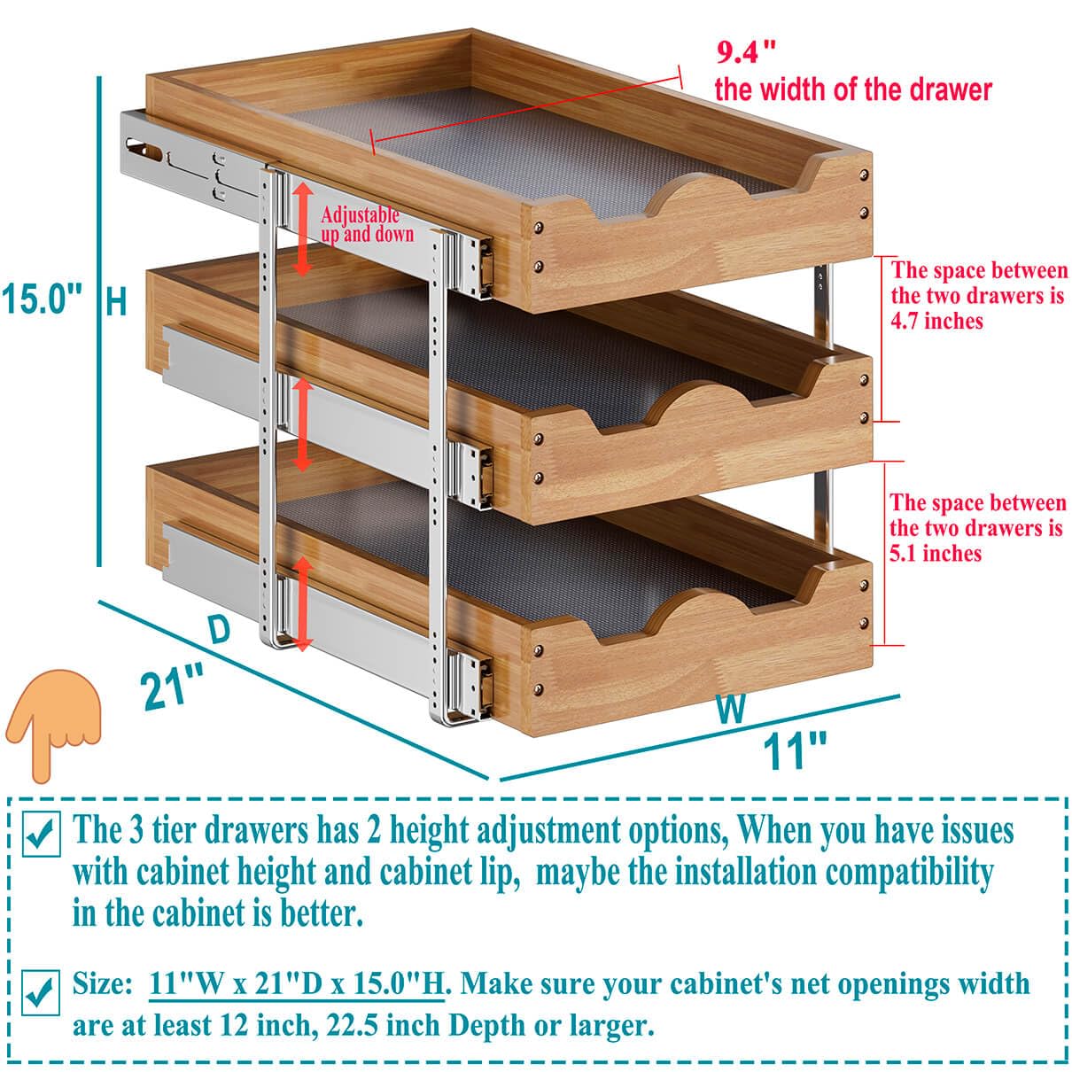 3-Tier Wooden Pull-Out Cabinet Drawer – Vertical Slide-Out Storage System for Kitchen, Pantry & Bathroom