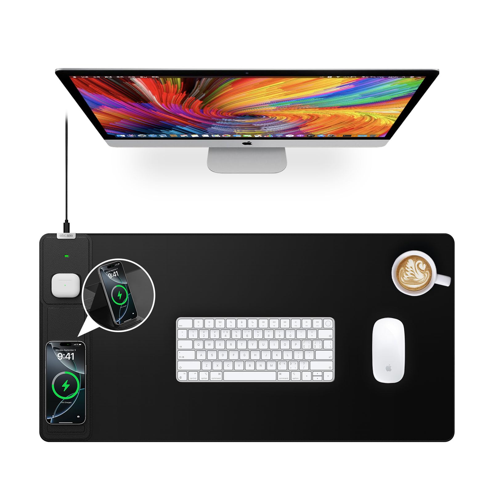 Wireless Charging Mouse Pad 31.5×15.8 Large Desk Mat with 15W Fast Qi Charging Foldable Phone Holder Waterproof Gaming & Office Desk Pad – Black