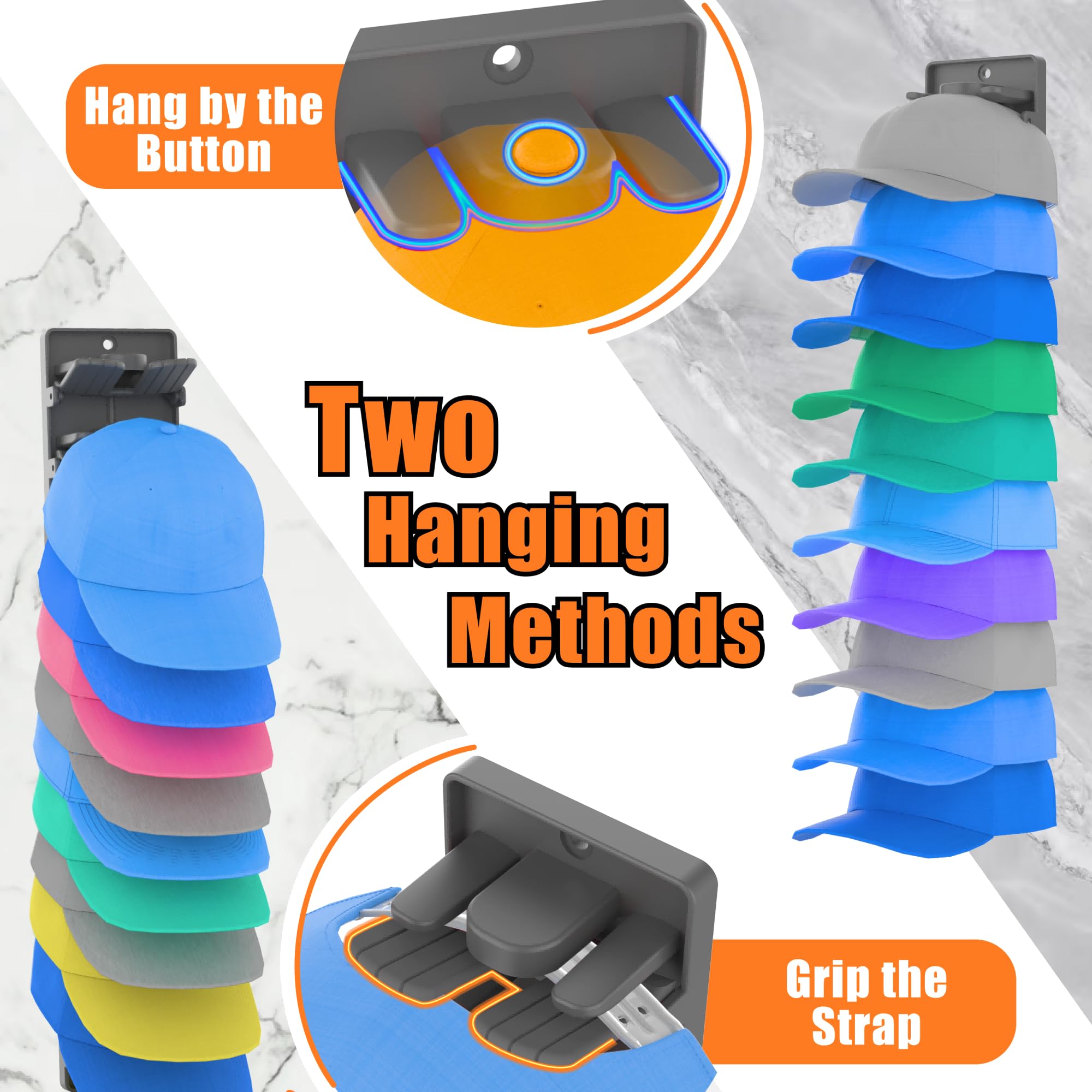 Wall-Mount Hat Organizer for Baseball Caps (2-Pack) – Spring-Clip Cap Rack with Adhesive or Screw Install, Matte Black