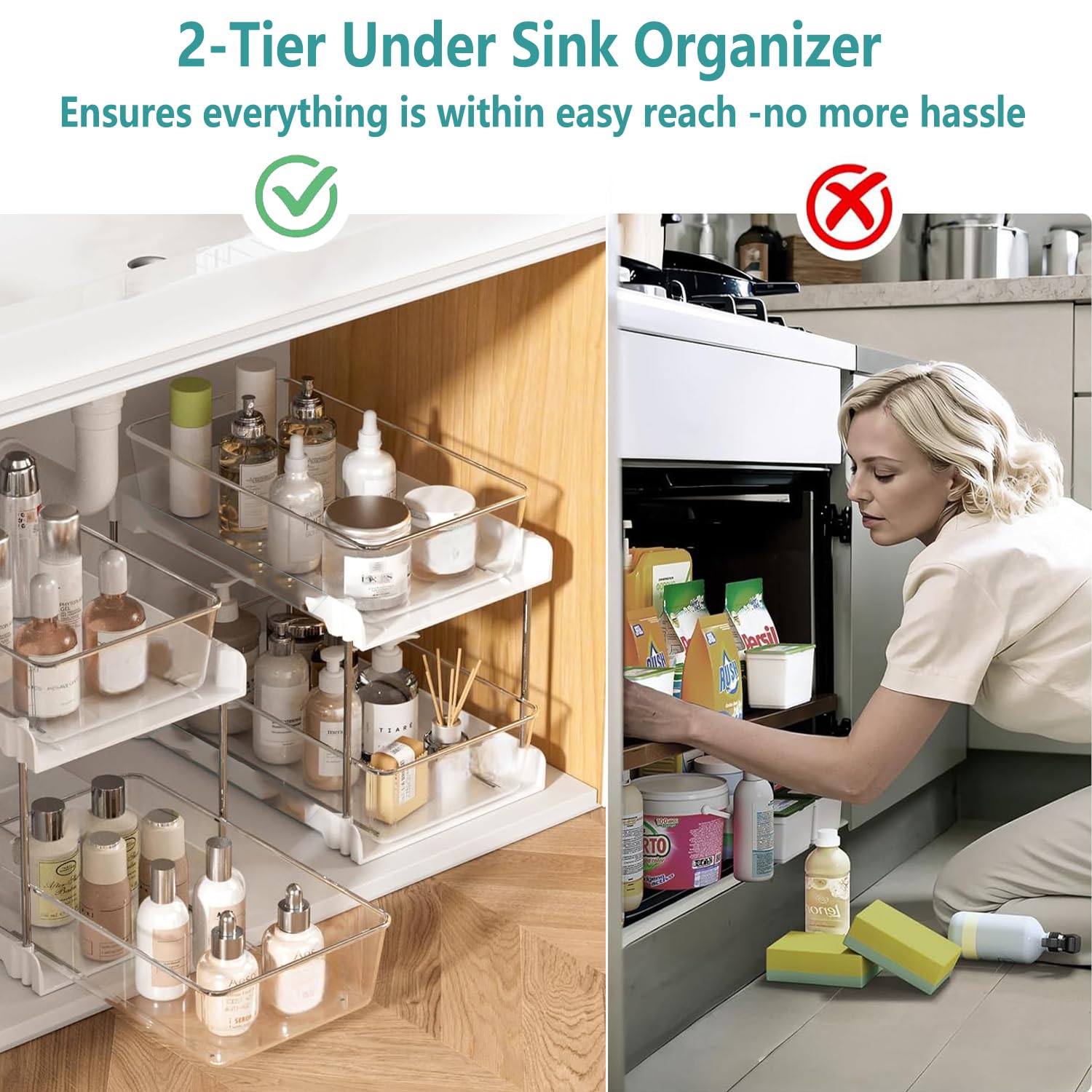 AIYULONG White 2-Tier Pull-Out Bathroom Organizer Set – Slide-Out Drawers with Anti-Sway Tracks for Under Sink & Countertop (2 Pack)