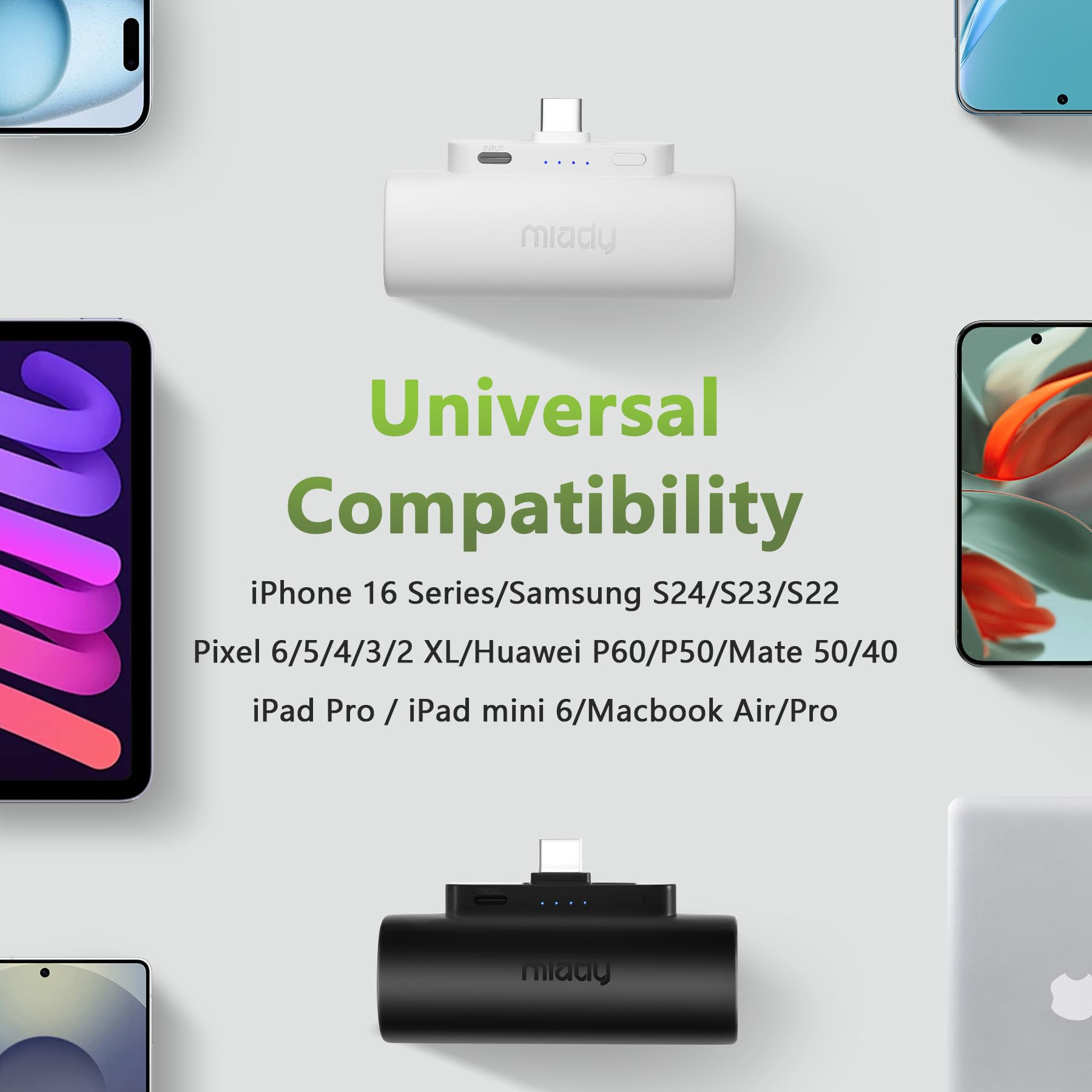 Miady 12 Pack Mini Portable Charger 5000mAh with Built-in USB-C Connector, Compact Plug-In Power Bank Fast Charging Battery Pack Set – Multi Color