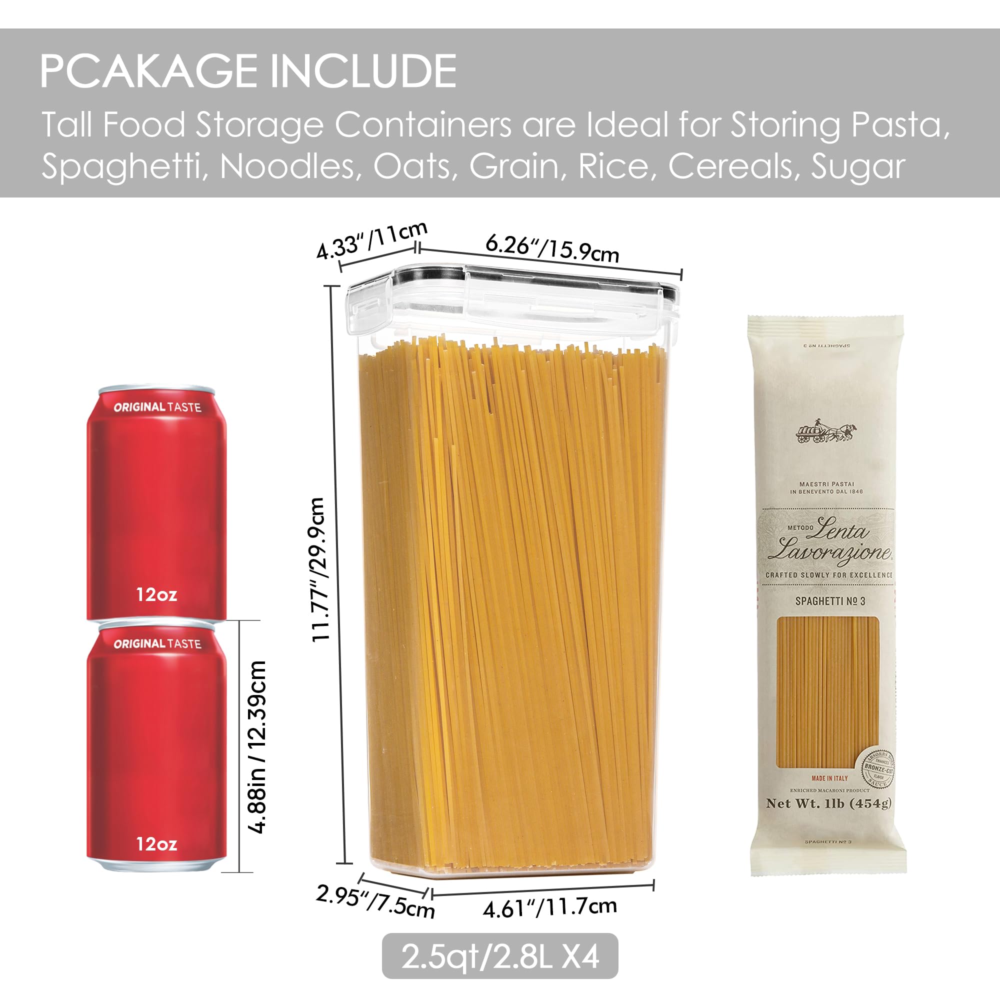 4-Pack Tall Airtight Food Storage Containers – 2.8L BPA-Free Pantry Canisters with Locking Lids & Labels