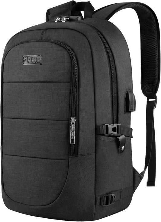 AMBOR Anti-Theft Travel Laptop Backpack – Water-Resistant Business Work Backpack with USB Charging Port, Fits up to 17.3” Laptops (Black)