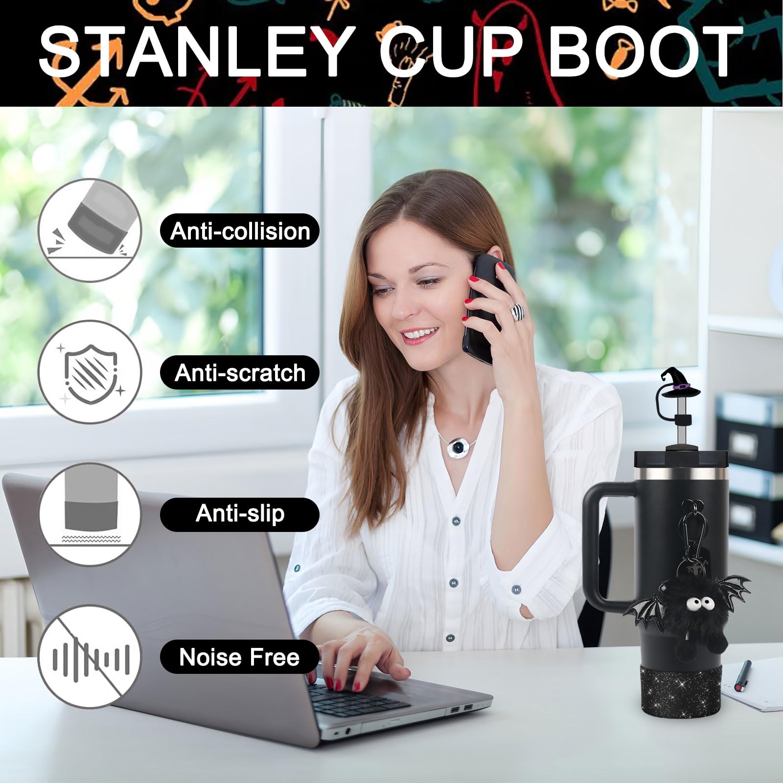 Halloween Stanley Cup Accessories Set – 5Pcs Devil Style with Handle Strap, Boot, Straw Cap & Charms for 30/40oz Cups