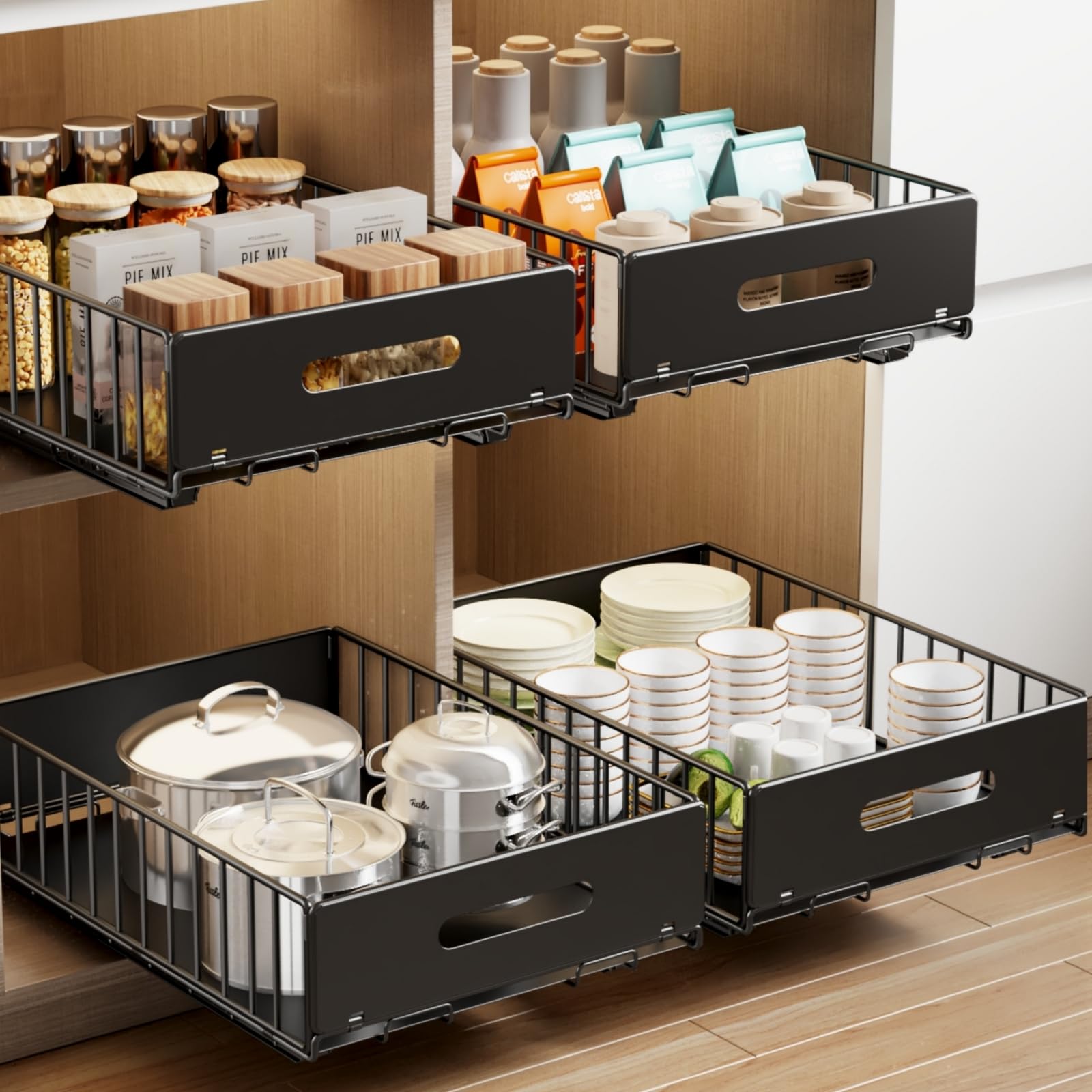 Peel & Stick Pull-Out Cabinet Organizer – 2-Pack Silent Sliding Drawers in Heavy-Duty Carbon Steel (Black)