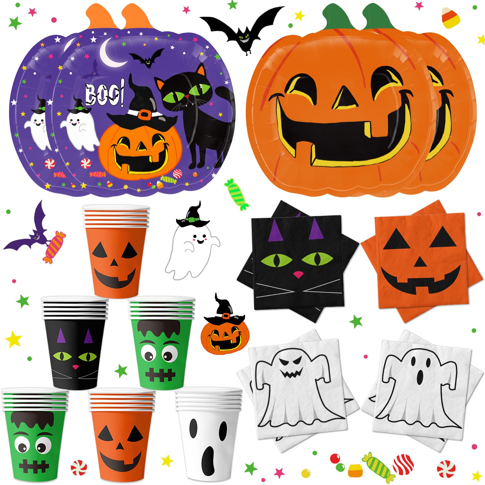 Halloween Party Tableware Set – 72 Pcs Pumpkin Plates, Cups & Napkins with Ghost & Cat Designs, Disposable Party Supplies