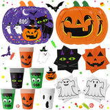 Halloween Party Tableware Set – 72 Pcs Pumpkin Plates, Cups & Napkins with Ghost & Cat Designs, Disposable Party Supplies