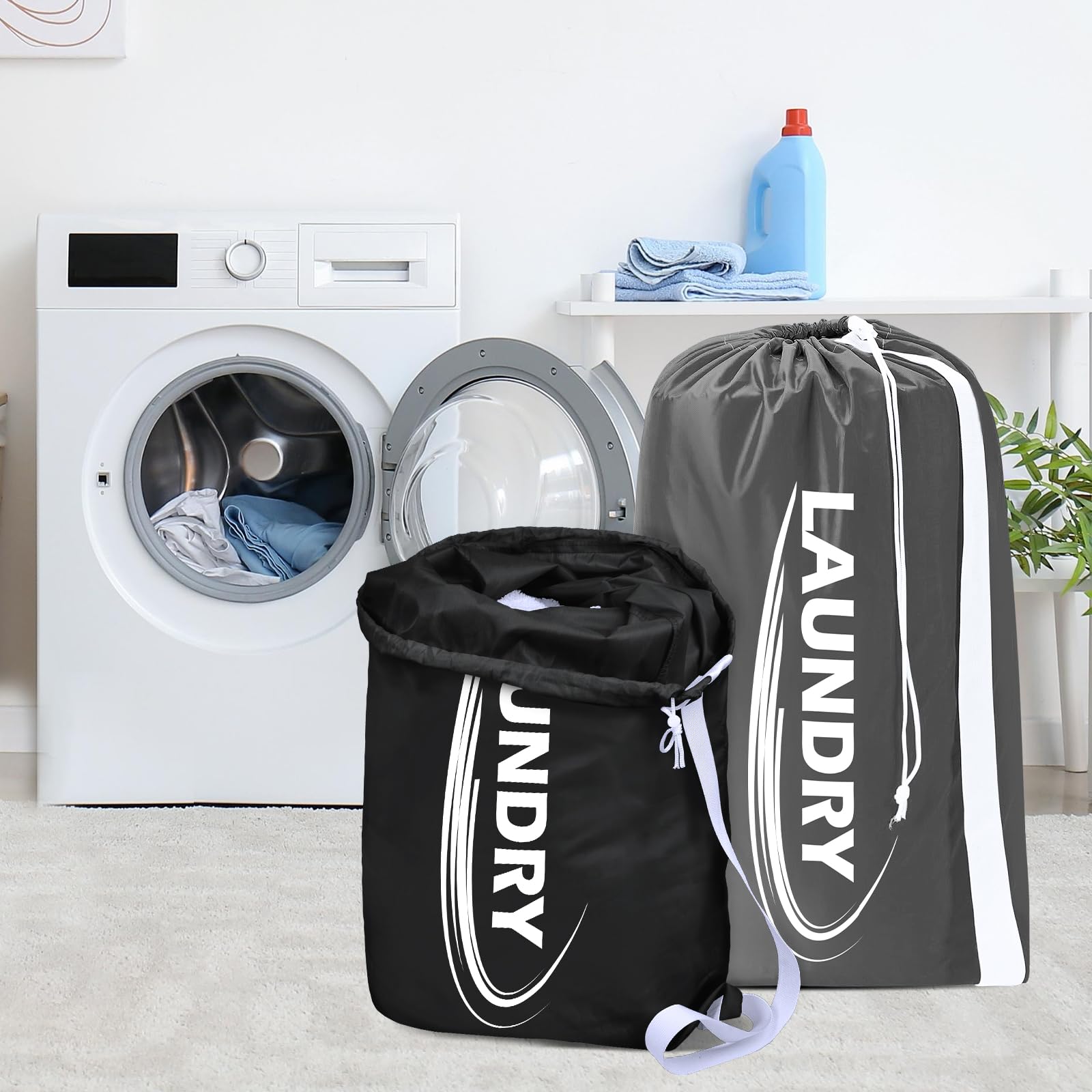 Extra Large Laundry Bag with Shoulder Strap – Heavy Duty Drawstring Clothes Storage Bag (Black & Grey)