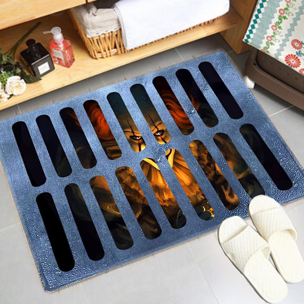 Halloween 3D Illusion Clown Doormat – Horror Movie Style Non-Slip Indoor & Outdoor Floor Mat (19.7x31.5 Inches, Blue)