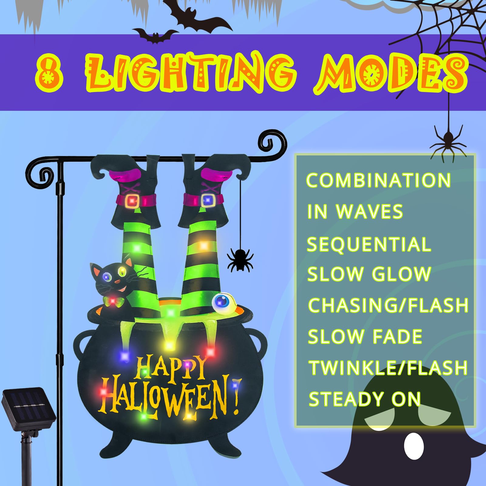 12x18 Halloween Garden Flag with Solar LED Lights – Multi-Colored Double-Sided Cat & Eyeball Cauldron Yard Decoration