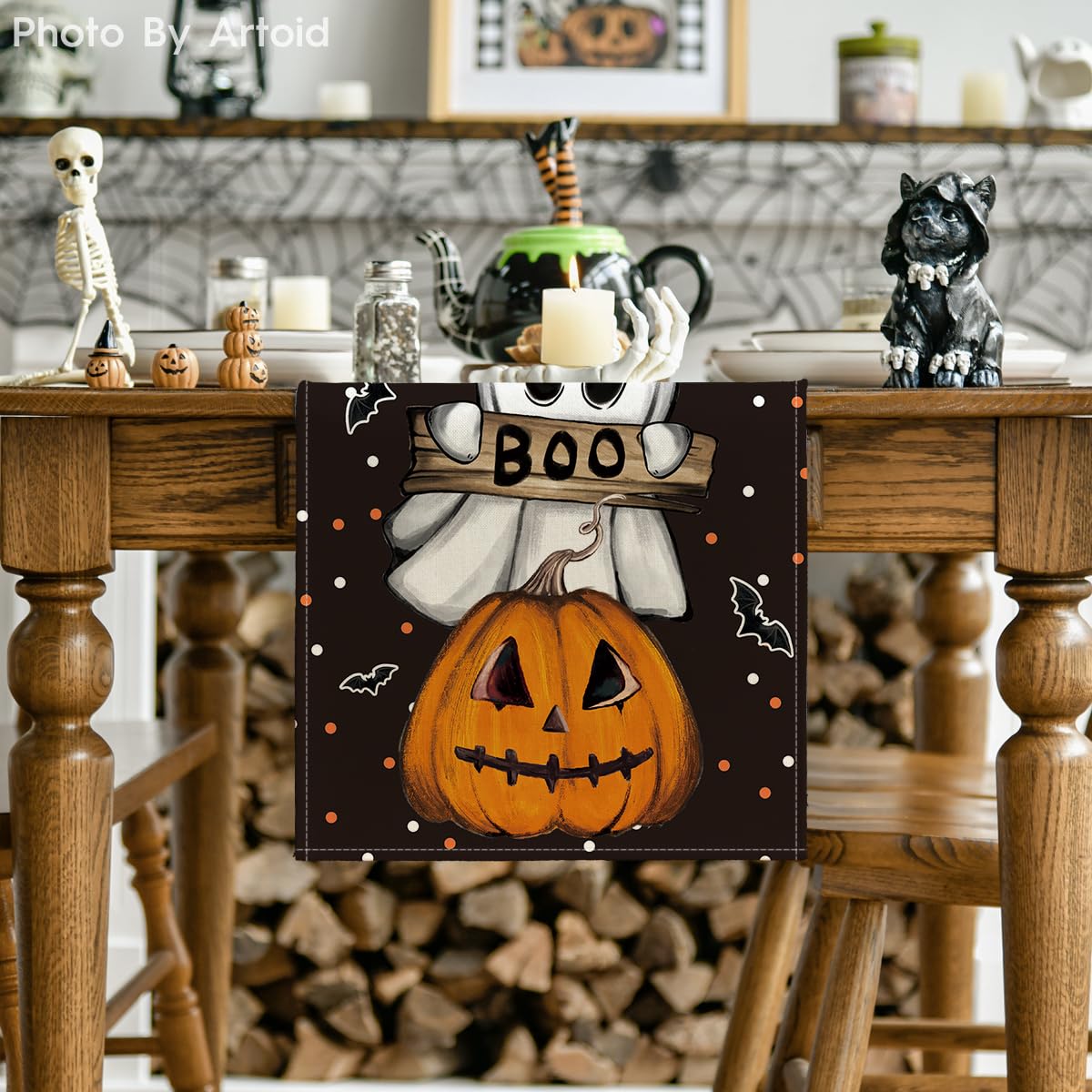 Black Halloween Table Runner – 13x72" Durable Polyester Runner with Spooky Print for Dining & Parties