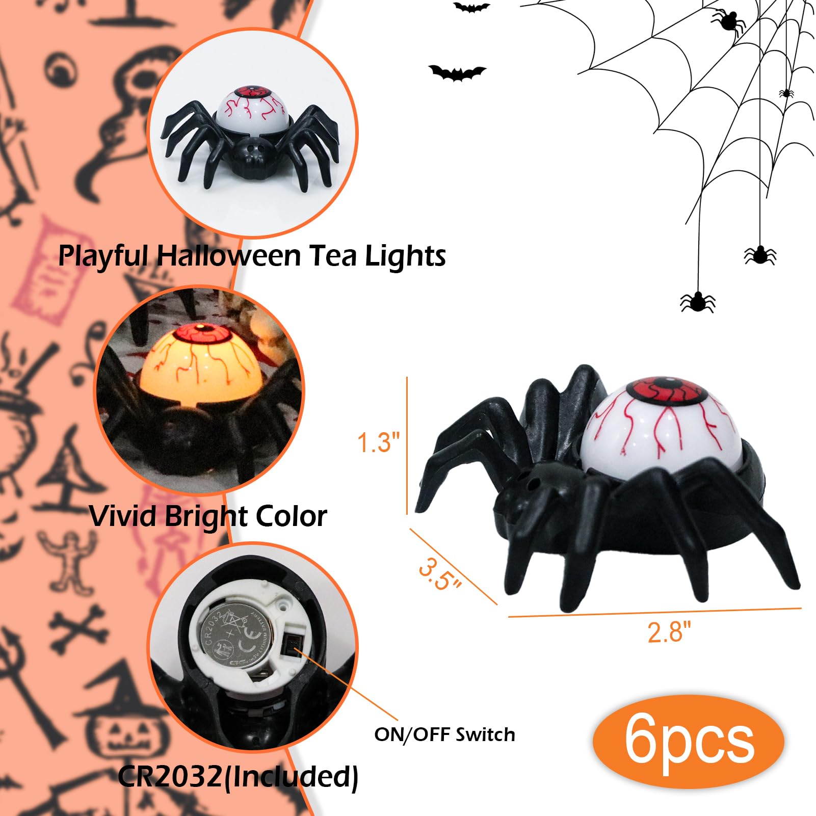 Halloween Spider Eyeball LED Tea Light Candles – 6PCS Battery-Operated Flameless Lights with Timer (Spooky Décor)